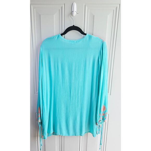 🦃 Aqua Blue Peach Embroidered VNeck Tunic Boho Hippie Blouse Top Size Medium - Picture 5 of 11